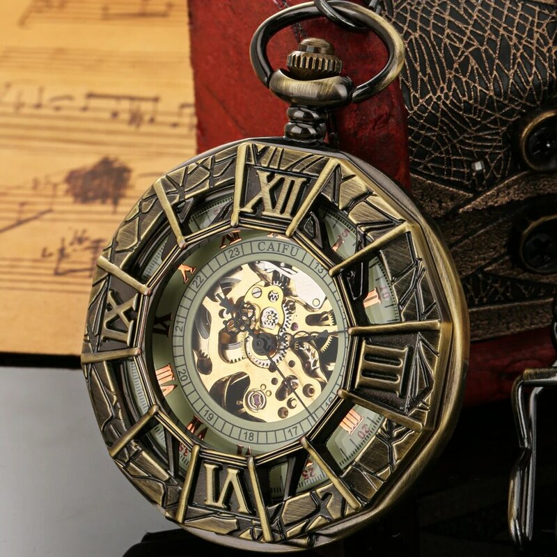 Automatic Mechanical Pocket Watches Roman Numeral Dial Hollow Out Cover Retro Pendant Clocks Pocket Watch Gift for Men Women