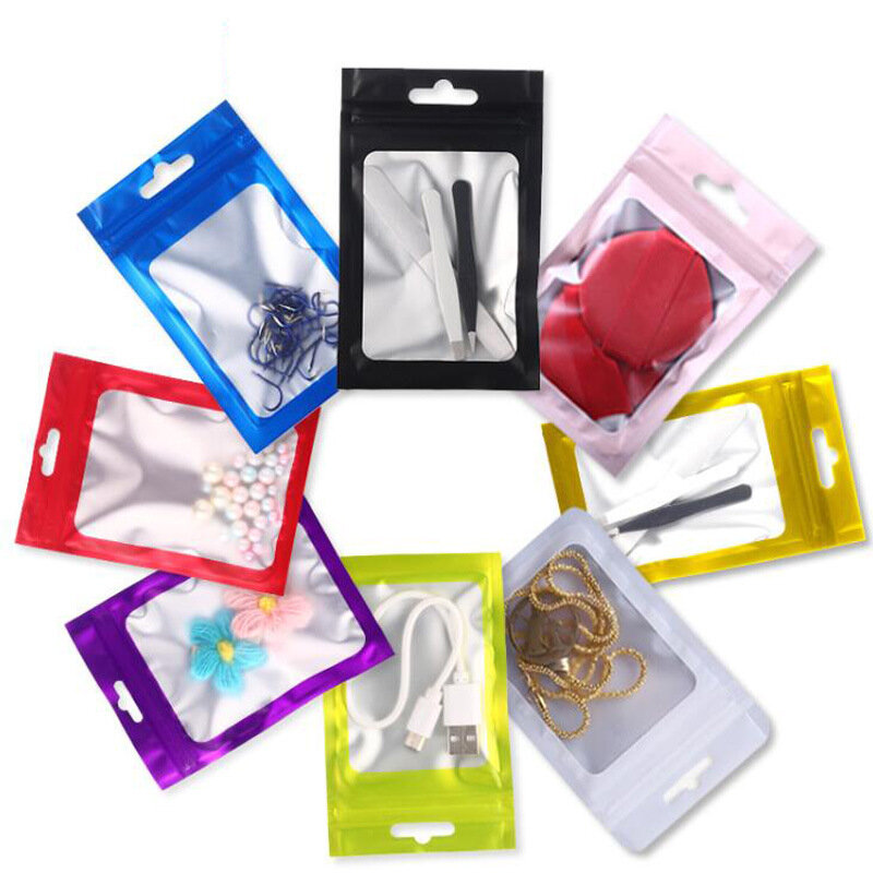 50 sztuk kolorowe torby Mylar Ziplock powiesić torby z przezroczyste okienko do pakowania biżuterii samoklejący folia wielokrotnego użytku etui
