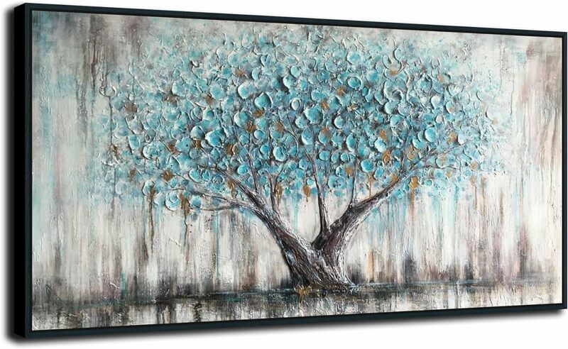 Lukisan kanvas abstrak pohon alam lukisan pemandangan panorama gambar bertekstur, bingkai kayu hitam ekstra besar 60 "x 30"