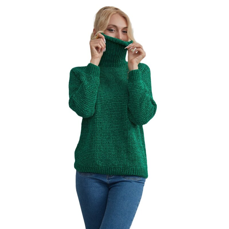Женский новый однотонный универсальный топ, простой модный свитер с высоким воротником, 2024