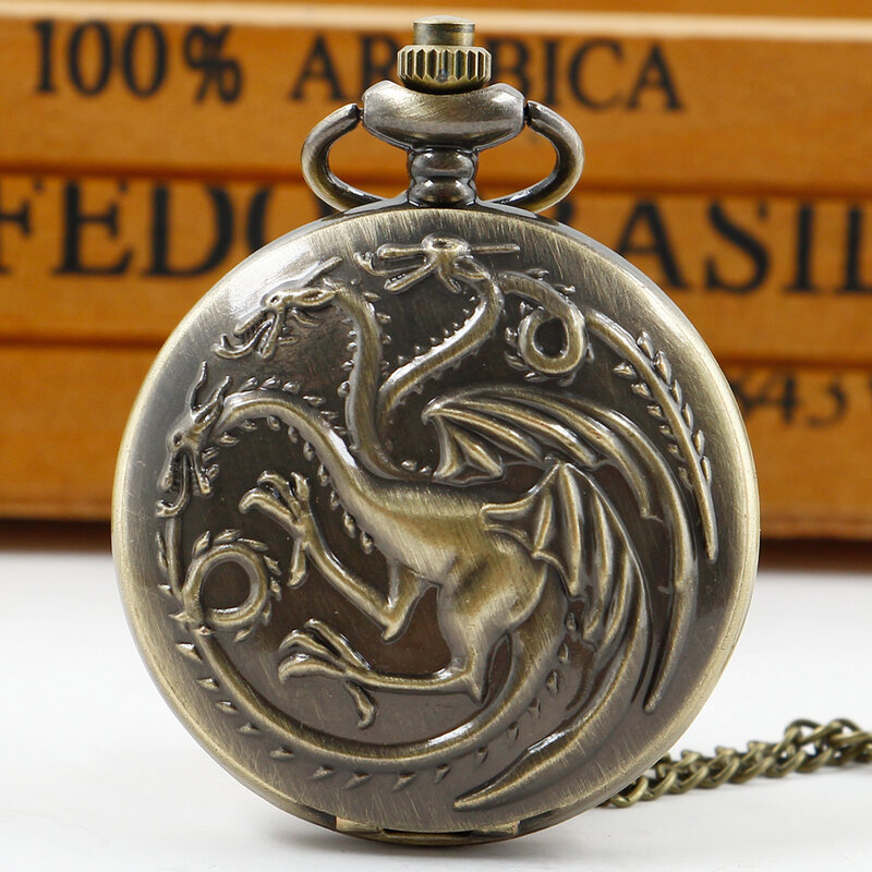 Reloj de bolsillo de cuarzo con colgante de monstruo de tres dragón de bronce Vintage, collar de suéter, reloj de cadena FOB Vintage
