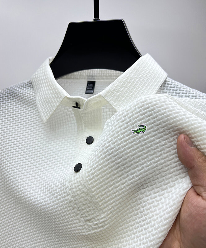 2023 Summer New Men's Halter Hollow Short Sleeve Polo Shirt Ice Silk Breathable Business Fashion T-shirt Men's Brand Clothing