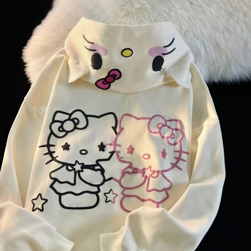 Hoodie Sanrio Hello Kitty feminino, suéter com capuz oversize solto, saia elegante japonesa, capuz Kawaii Lolita, fofo, Yk2