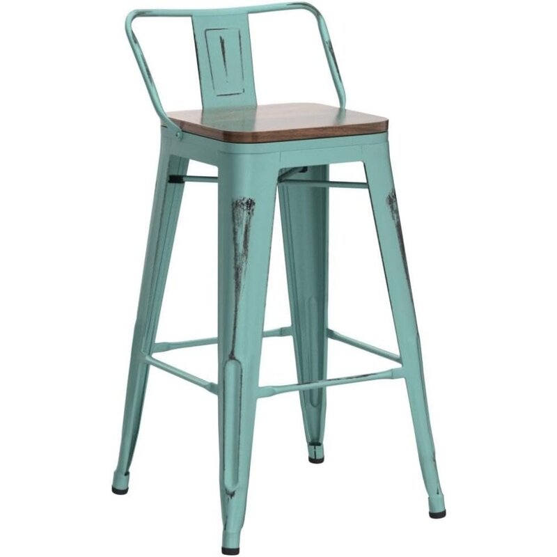 مقاعد بار معدنية صناعية ، مجموعة من 4 ، ارتفاع العداد ، كراسي حلاقة بمقاعد خشبية ، أخضر وأزرق مكروبين ، 24"