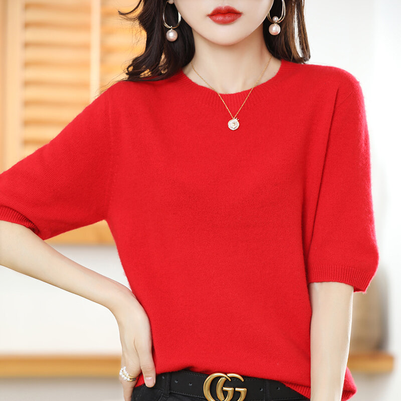 Women's Shirts 2022 Summer New Wool Crew Neck Sweaters Short Sleeves Casual Solid Color Tops Plus Size Pullover T-Shirts Worsted