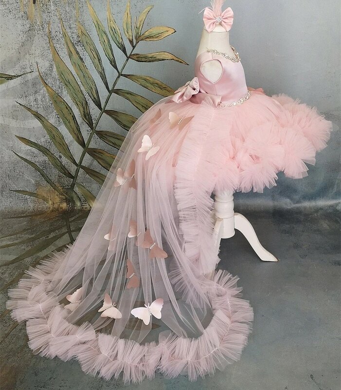 Kwiatowa sukienki dla dziewczynek bufiasta dziewczyna sukienka różowa sukienka dla dzieci z kokardką urocze dziecko suknie urodzinowe Frist Communion
