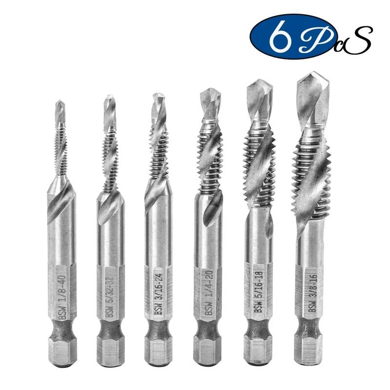 NINDEJIN 6pcs/set BSW thread screw tap drill bits set 1/8'' 5/32" 3/16" 1/4" hex shank hss tap drill bits set for metal wood