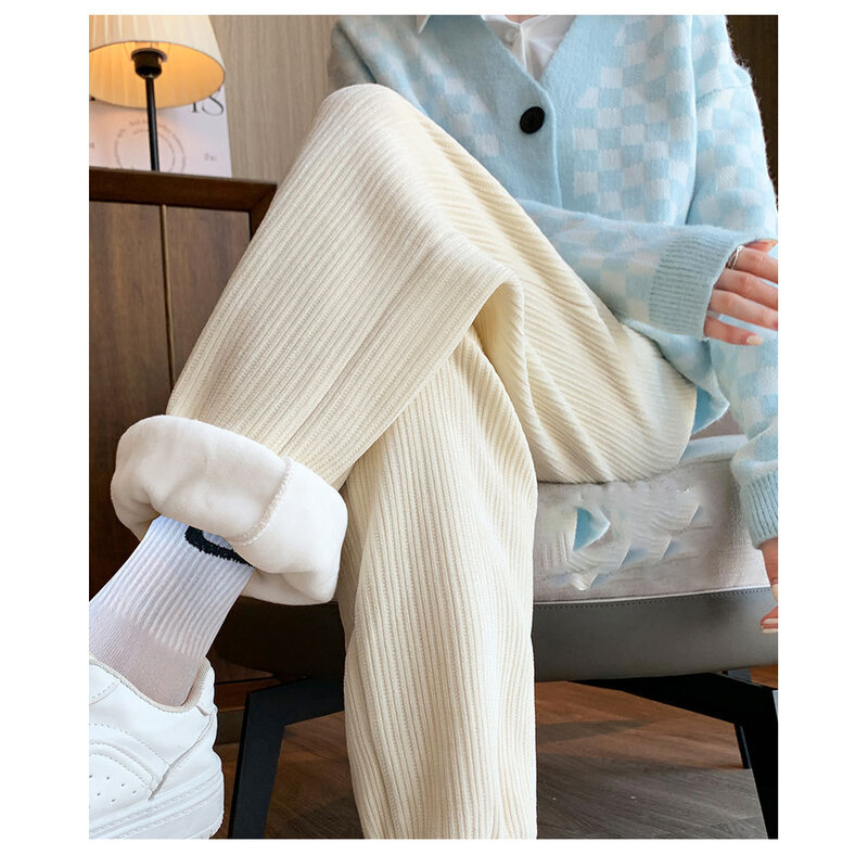 2023 Winter Chenille Elastic Waist Loose Trousers Casual Corduroy Solid Pockets All-match Plush and Thicken Corset Sports Pants