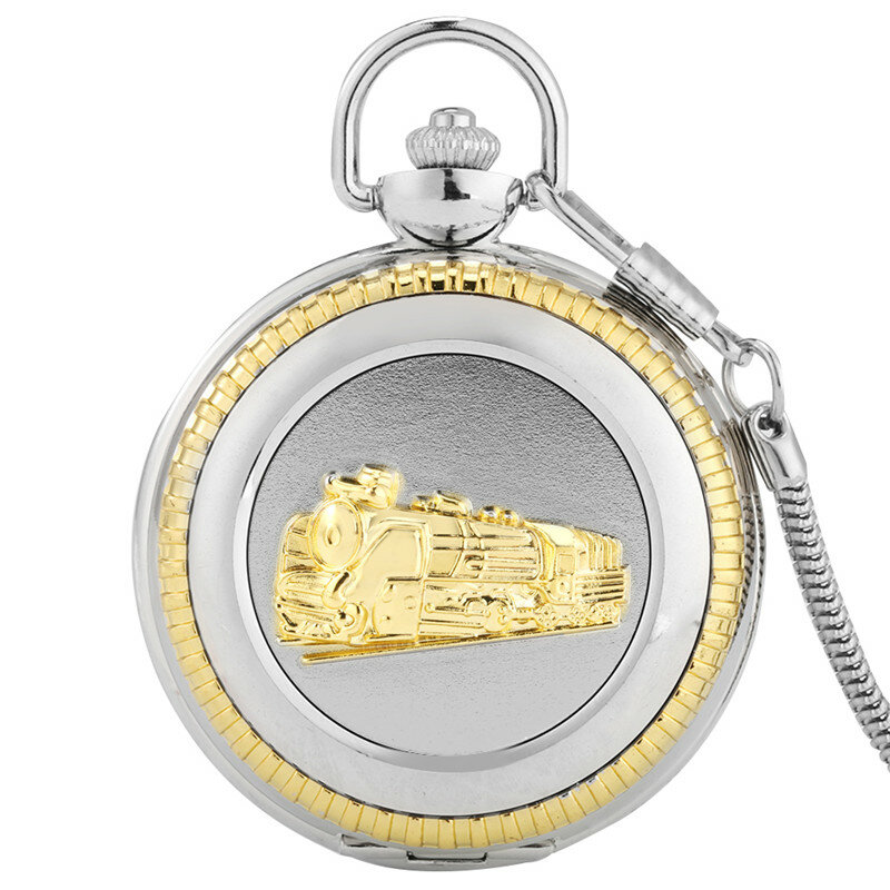 Luxo Golden Steam Train Cover Pocket Watch, Relógio de exibição numeral romano, Relógio de quartzo locomotivo para homens e mulheres, corrente pendente
