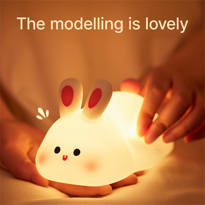 LED Night light Cute Big Face Rabbit Night Light Kid Touch Sensor Timing USB Rechargeable for Birthday Gifts Bedroom Decor