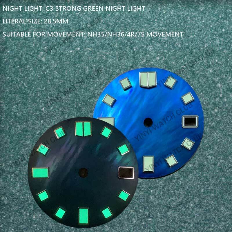 Циферблат часов 28,5 мм, синий корпус, поверхность C3, сильная ночная версия, подходит для NH35 NH36 4R36 7S, часы с механизмом, аксессуары для nh35/36