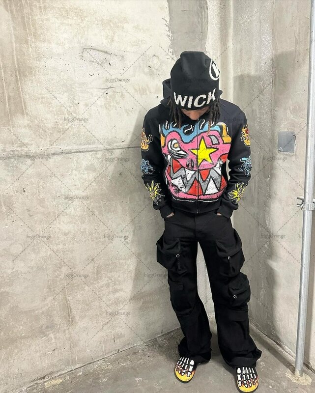 Hoodie ritsleting Retro pria dan wanita, jaket serbaguna motif grafiti Anime ukuran besar Y2k merek mode baru