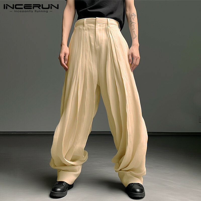 INCERUN 2024 Korean Style New Men Trousers Pleated Solid Color Long Pants Casual Streetwear Male Loose All-match Pantalons S-5XL