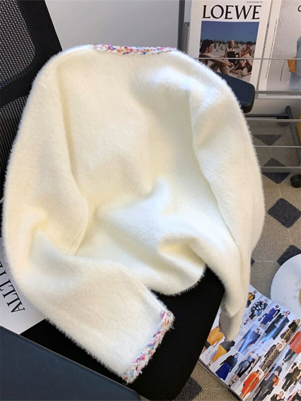 Cárdigan blanco de punto para mujer, suéter Harajuku coreano de manga larga, suéter de Mohair, ropa Vintage de los años 90 y Y2k, Otoño, 2000