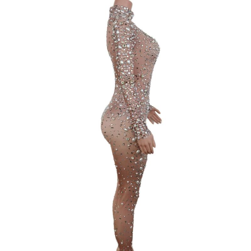Pakaian pesta Prom klub spandeks lengan panjang wanita kostum panggung dansa penyanyi Jazz Jumpsuit kristal berlian buatan berkilau
