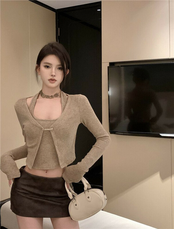 Sexy Two-Piece Cardigan for Women, Long-Sleeved, V-Neck, Single-Button, Slim Short Top, Classic Fashion, Early Autumn, New