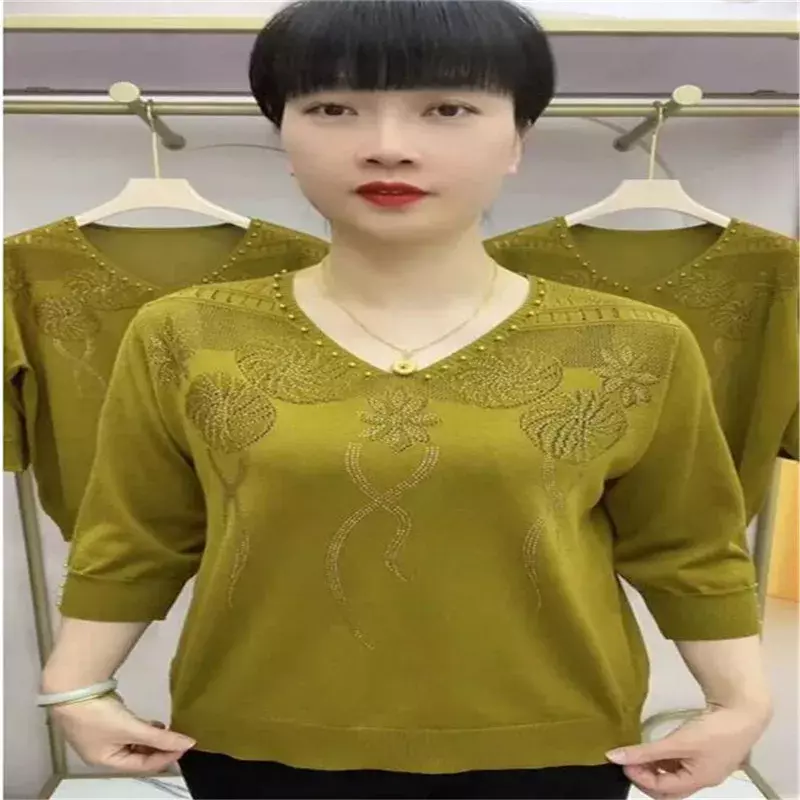 Kaus rajut Lengan 3/4 wanita, atasan kasual longgar berlian polos leher V mode musim semi musim panas 2023
