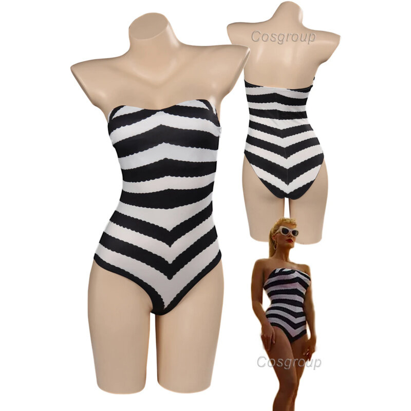 Margot-traje de baño blanco y negro para mujer, bañador Sexy a rayas, disfraz de película Barbei Fantasia, disfraz de fiesta de Halloween en la playa, 2023
