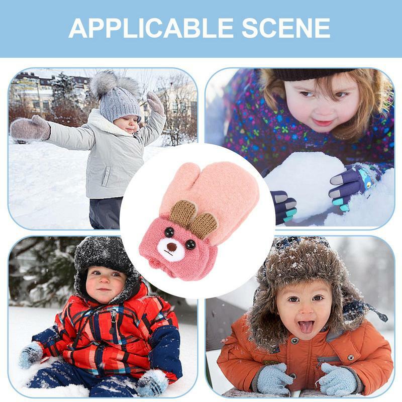 Luvas de urso bonito dos desenhos animados para bebês, luvas de lã tricotadas para meninos e meninas, grossas e quentes, luvas de corda completa para crianças, 0-3 anos, inverno