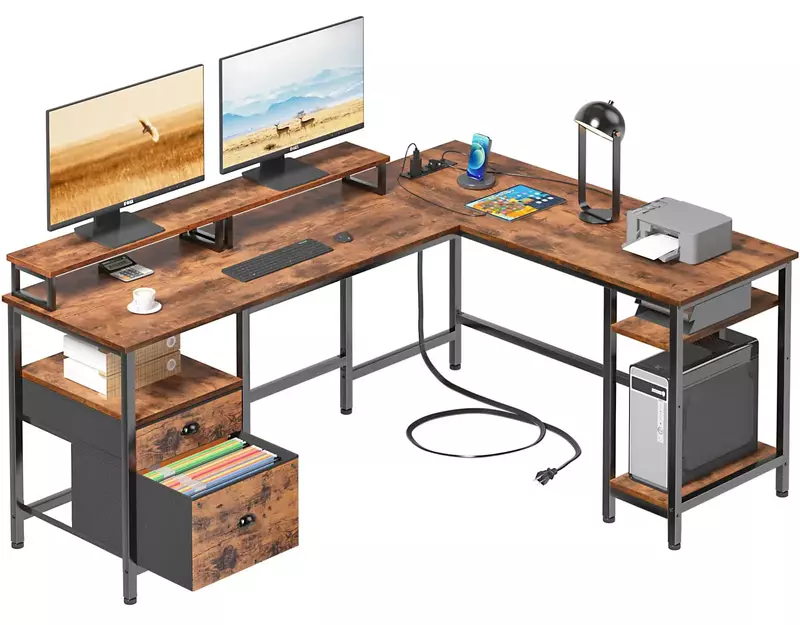 Furologee 66” L Shaped Desk with Power Outlet, Reversible Computer Desk with File Drawer & 2 Monitor Stands, Home Office Desk wi