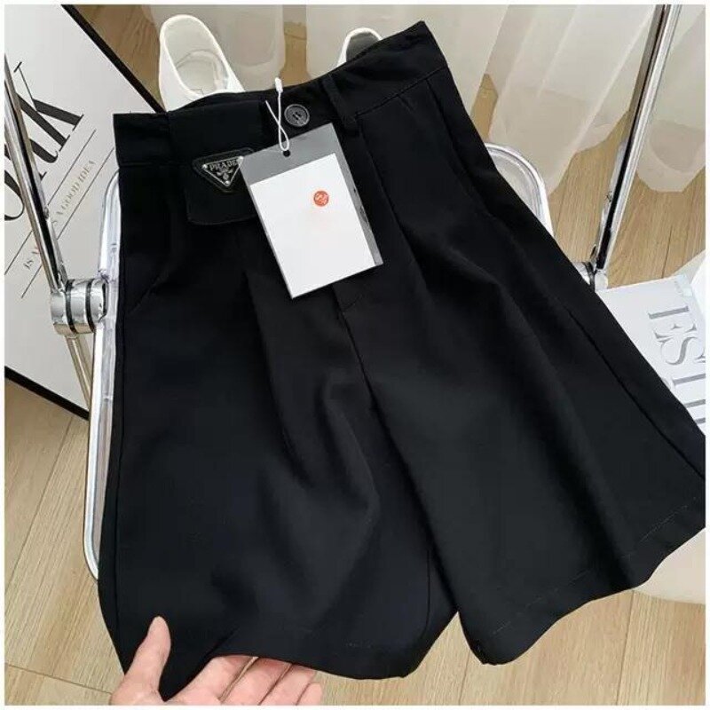 Korean Style Summer Solid Color Women's Pocket Zipper Fashion Casual Loose High Waist A-line Casual Wide Leg Suit Pants Shorts