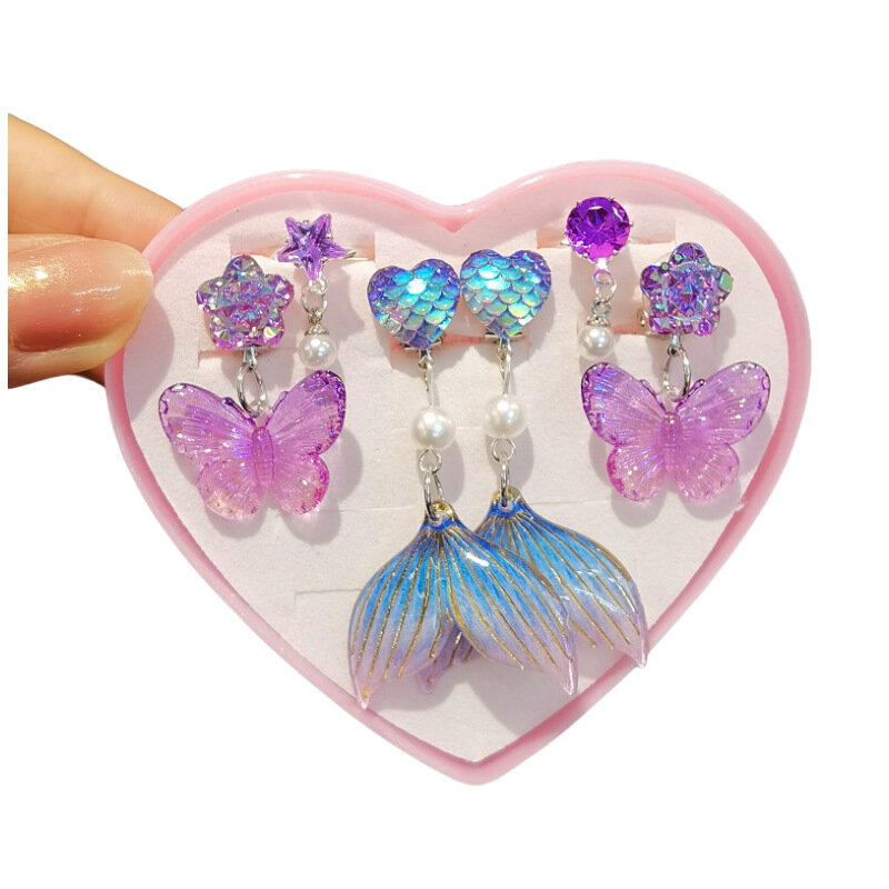 3pair Cute Children Ear Clip Earrings for Girl Without Ear Holes Sweet Mermaid Baby Ear Clip Set
