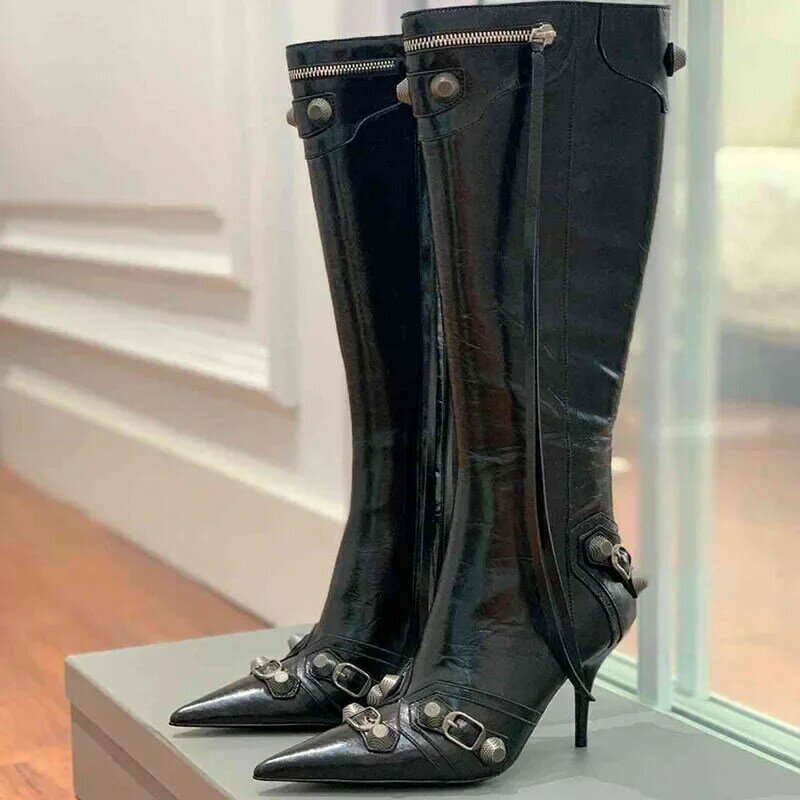 Botas altas para coxas sexy e pontudas para mulheres, salto estilete de metal, couro envernizado, botas de festa, moda alta no joelho, preto, 9cm