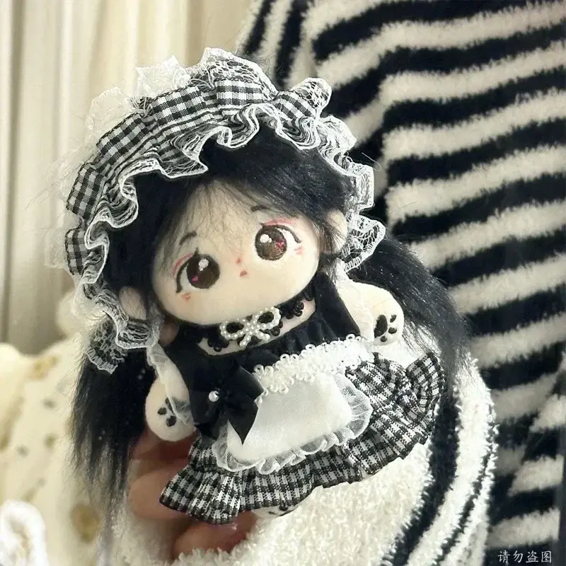 Pakaian bayi 10cm, boneka katun renda lucu hitam dan putih, set gaun bando untuk pelayan wanita