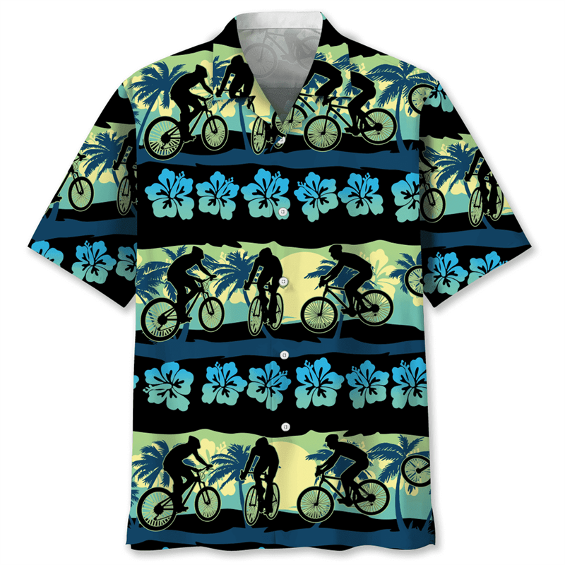 Kolorowa tropikalna jazda na rowerze koszula z nadrukiem 3d dla mężczyzn grafika rowerowa krótkie rękawy koszule hawajskie ulica luźna bluzka z klapą