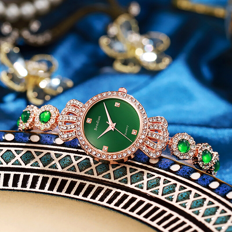Jam tangan mahkota wanita, gelang mewah kasual hijau zamrud, emas mawar, gelang mahkota berlian kuarsa, hadiah untuk perempuan
