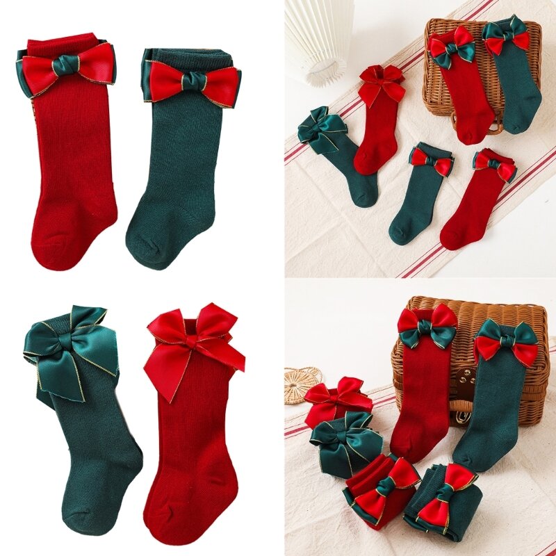 2คู่ถุงเท้าคริสต์มาสสำหรับเด็กทารกเด็กอ่อนในถุงเท้าBreathableเข่าความยาวถุงน่องของขวัญ