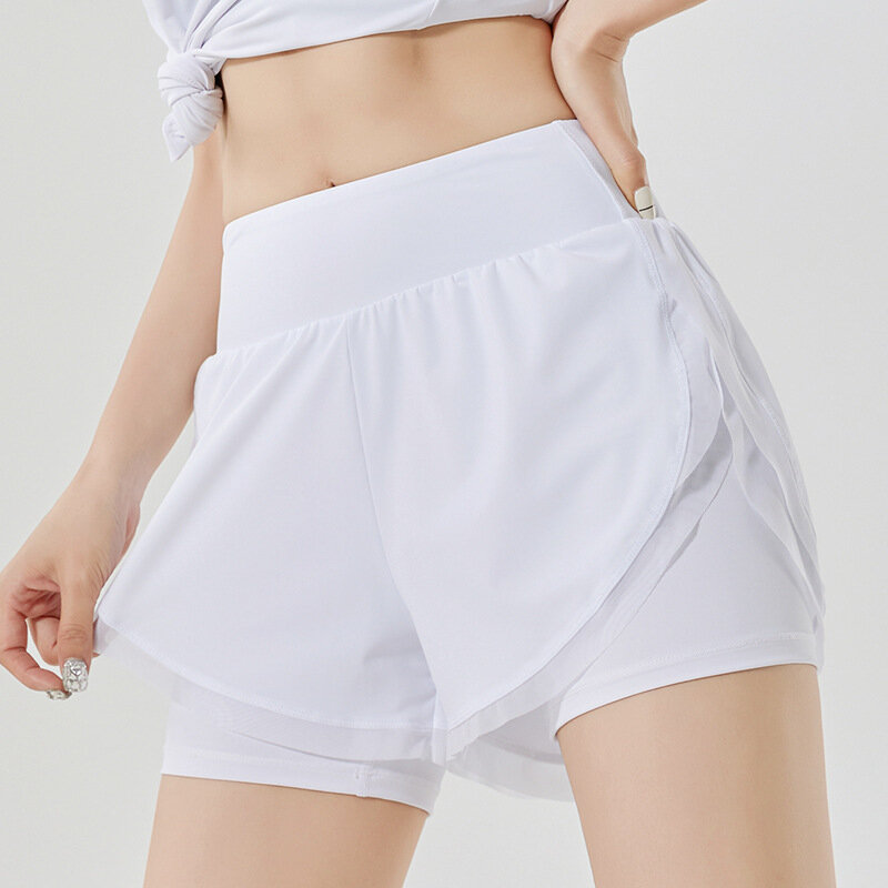 Summer Yoga Running Shorts Girls Pocket Loose Quick-drying Anti-light Fitness Pants Fake Two Women 