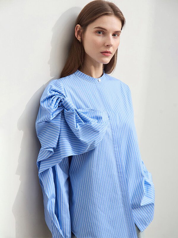 Amii-Chemise rayée en coton minimalisme pour femmes, chemise pull femme, nœud tridimensionnel, col rond, nouveau, printemps, 2024, 12343388