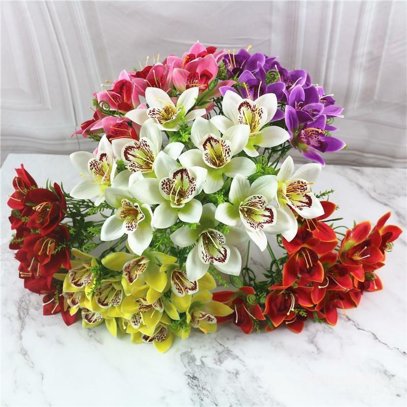 Orquídea Artificial de seda blanca, florero de escritorio para el hogar, accesorios de Flores de imitación, 10 piezas/ramo