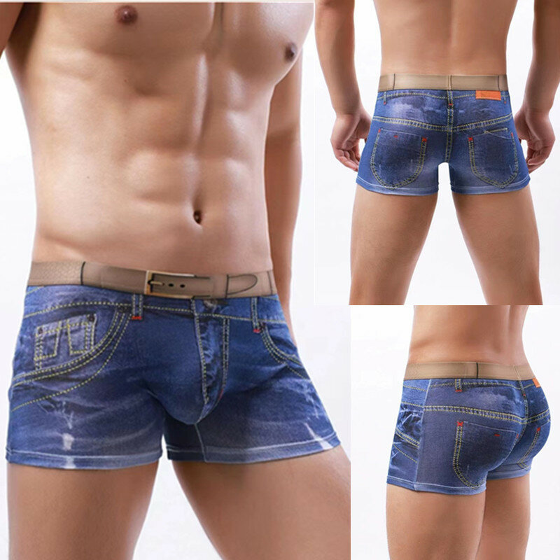 Mode Mannen Denim Ondergoed 3D Print Sexy Boxers Jeans Stijl Shorts Boxers Heren Cowboy U Bolle Pouch Katoen Onderbroek Slipje