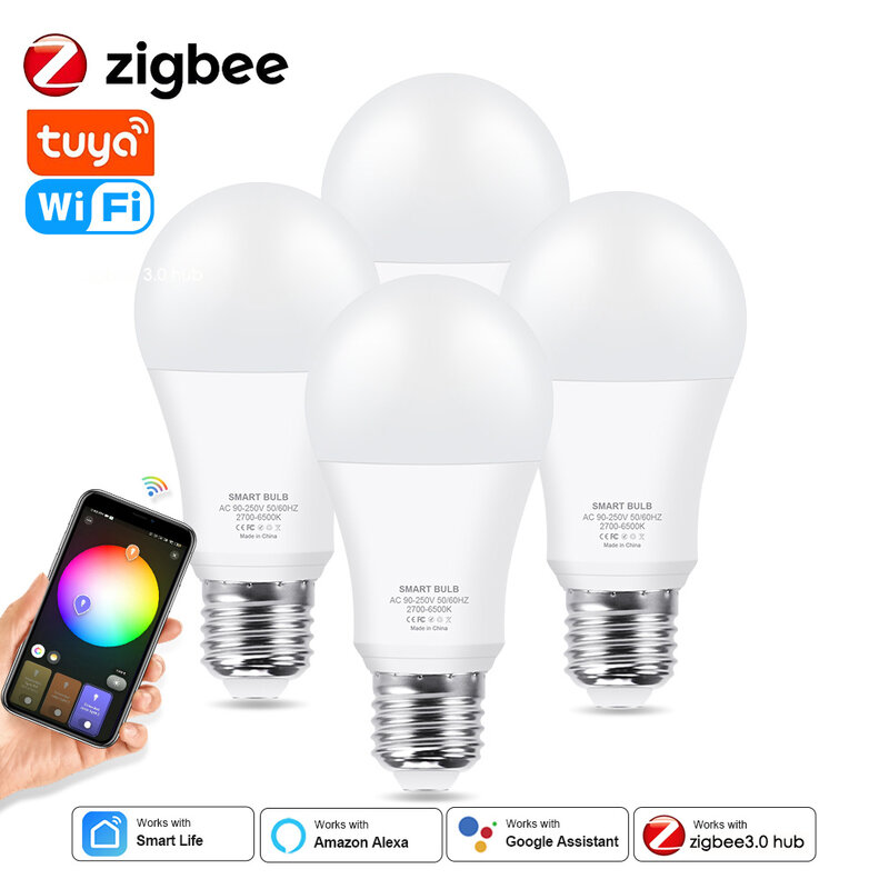 18w 15w tuya zigbee e27 lâmpada led wi-fi inteligente lâmpada led rgb + cw + ww lâmpadas led trabalhar com alexa amazon/google assistente casa