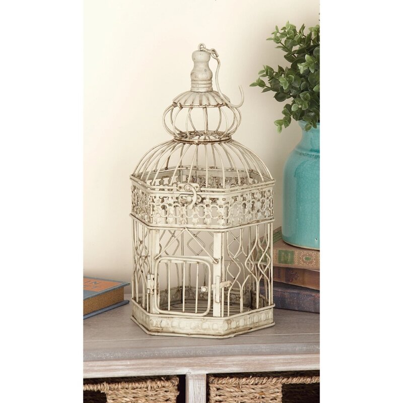 Cream Vintage Metal Birdcage with Crisscross Vertical Bars and Floral Embossed Design, Set of 2 21", 18"H