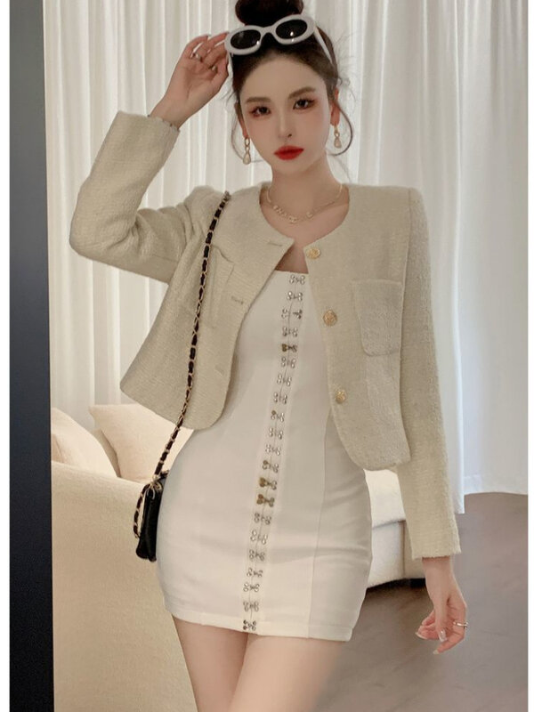 Роскошная маленькая Ароматизированная твидовая куртка высокого класса, Женское шерстяное пальто, однобортная весенне-осенняя одежда, пальто в Корейском стиле