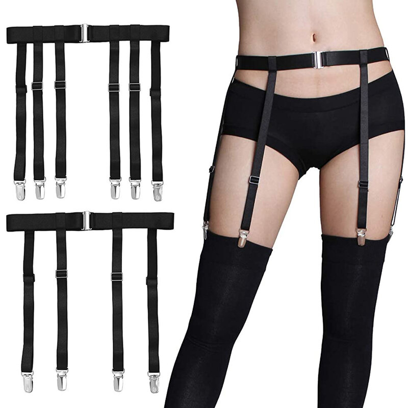 Preto simplicidade sexy liga cinto para mulheres coxa alta meias ajustável elástico perna meia suspensórios cinto 4/6 clipes de metal
