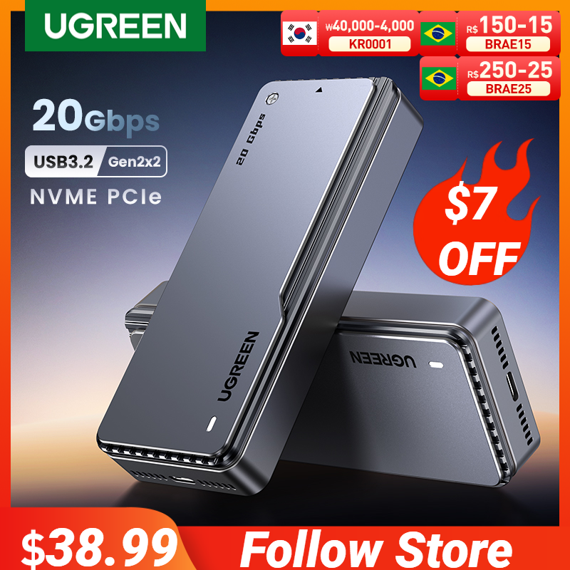 UGREEN-NVMe SSD Case com colete de resfriamento embutido, gabinete de alumínio, M.2 a USB3.2 Gen2x2, adaptador SSD para M.2 NVME PCIE, 20Gbps