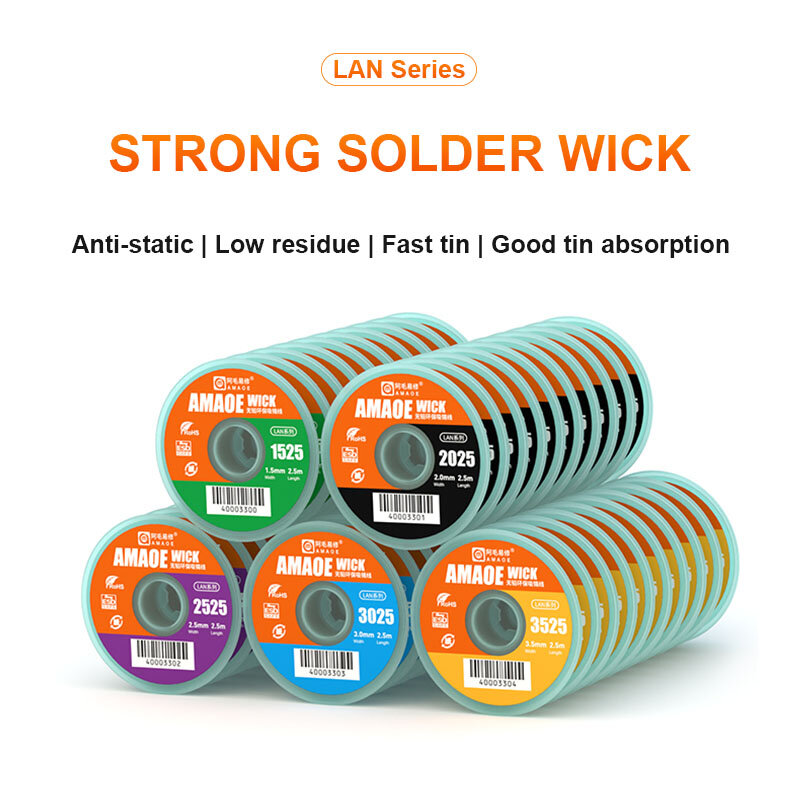 AMAOE-LAN Series Desoldering Wick para Celular, Laptop, Placa-Mãe, PCB, Limpeza de Estanho, Reparação de Sucção, 2.5m
