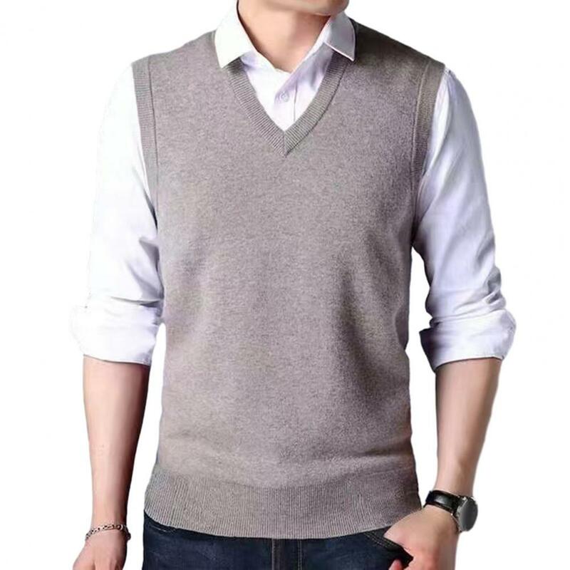 Dziergany sweter męski kamizelka sweter bez rękawów z dekoltem w serek w jednolitym kolorze dopasowana prążkowane mankiety podkoszulek w średnim wieku