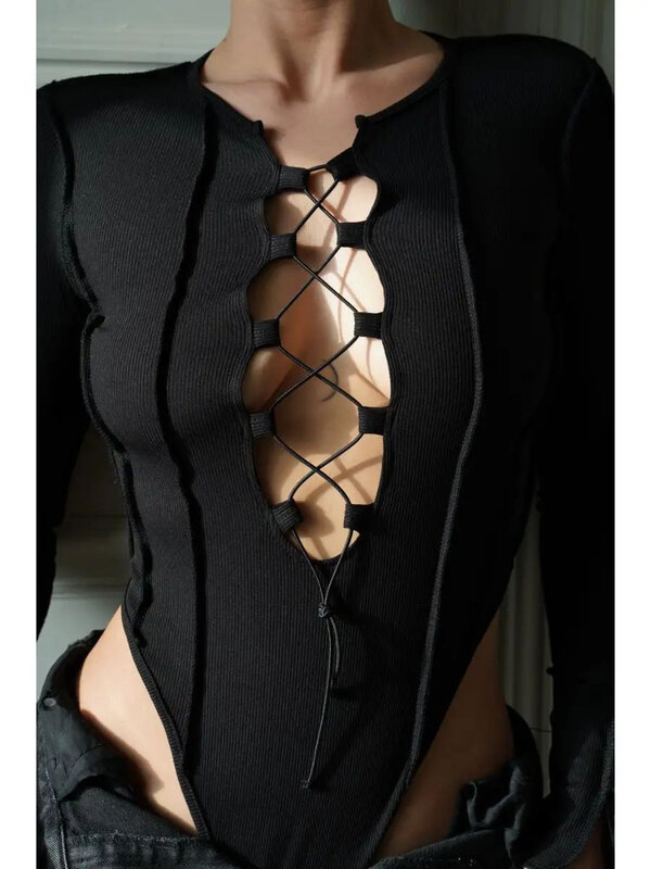 Women Ribbed Knitted Long Sleeve Tie Up Sexy Bodysuit Bandage Party Body Outfit High Waist jumpsuit Top Patchwork Bodycon Club