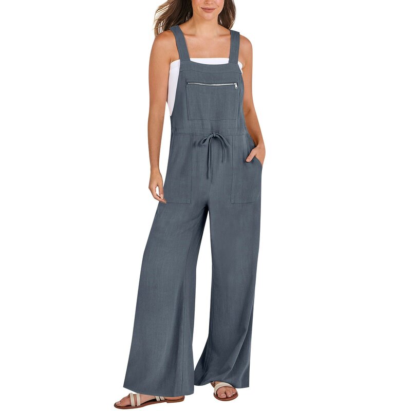 Women Cargo Style Jumpsuits Loose Sleeveless Adjustable Tie Straps Bib Wide Leg Rompers With Pockets Drawstring Waist Overalls