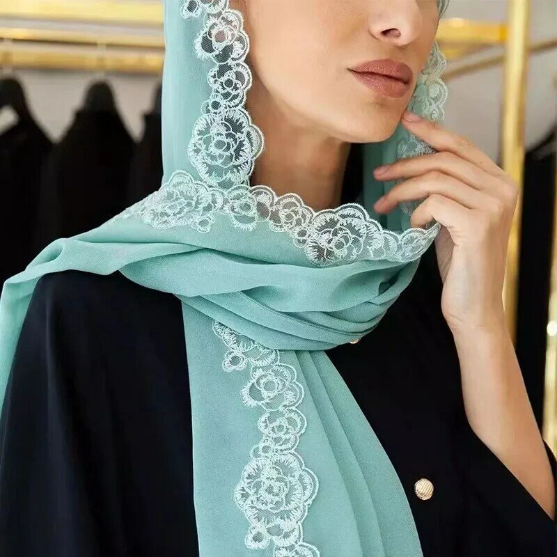 Bufanda de encaje de moda de gasa con perlas para mujer, nueva bufanda nacional de color sólido para verano