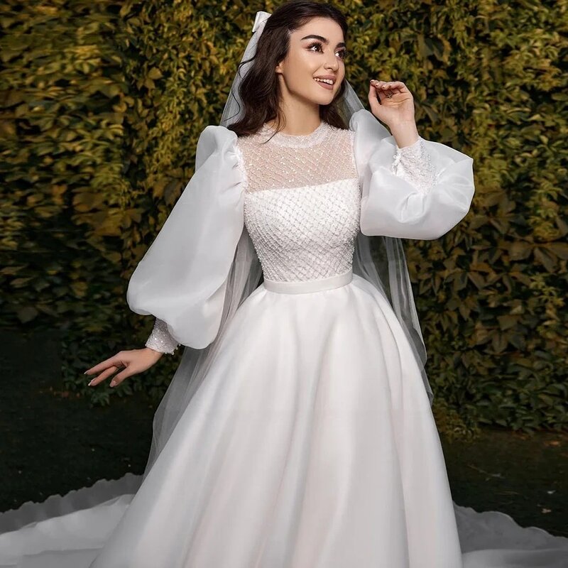 Vestido de noiva linha A com apliques, decote em O, mangas compridas, elegante vestido de festa árabe e muçulmano, Luxo, Novo, 2024