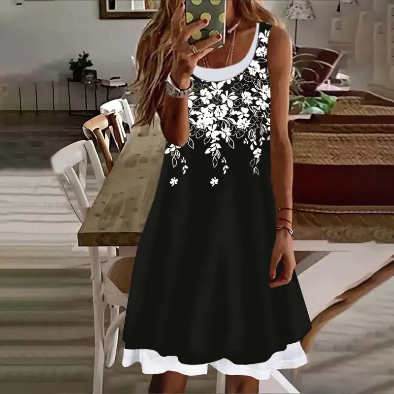 Женские платья с принтом 2023, повседневное мягкое и удобное свободное платье из двух предметов без рукавов до колена с U-образным вырезом