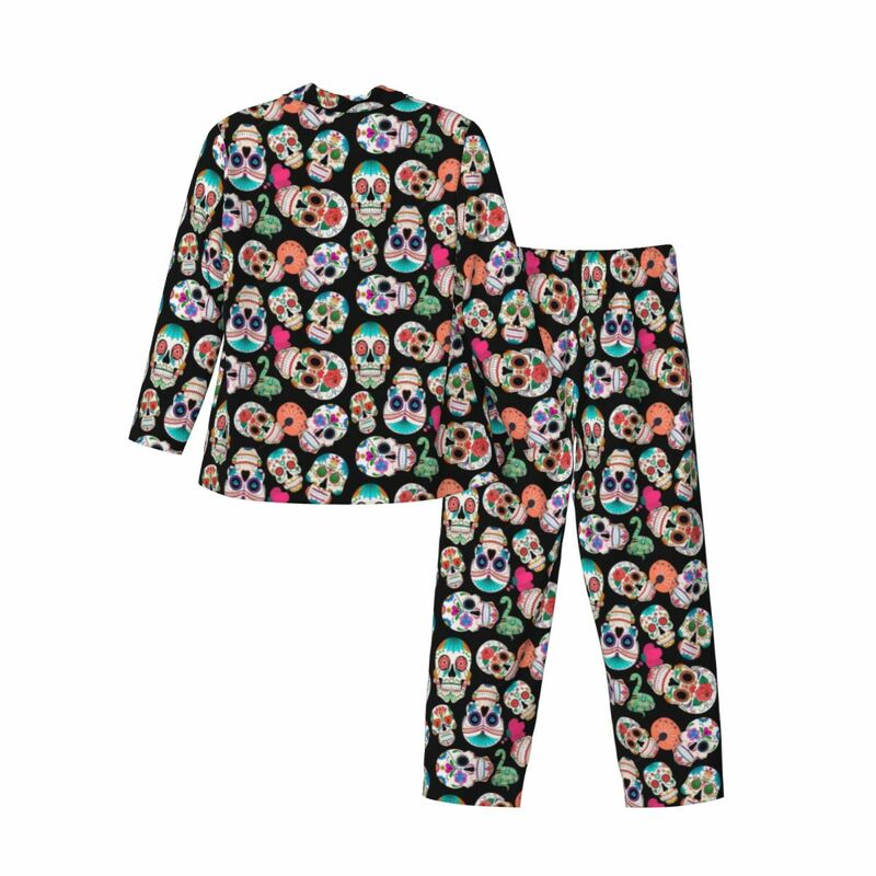 Conjunto de pijama de calavera de azúcar mexicana para hombre, ropa de dormir cómoda con estampado Floral de calaveras coloridas, traje de Casa Vintage de manga larga, 2 piezas