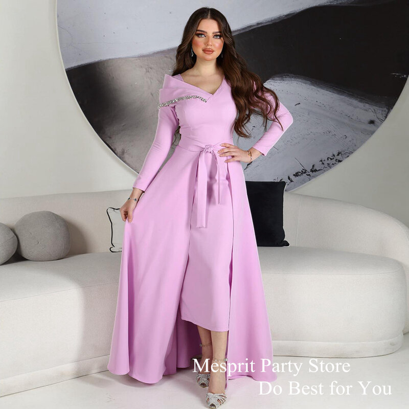Mesprit Elegant Evening Dress with Train Long Sleeve V Neck Stones Tea Length Formal Prom Dresses Special Occasion Dress