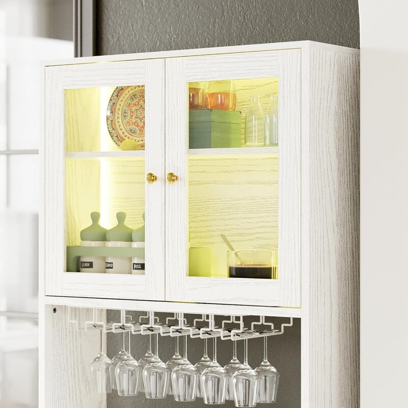 Armarios de barra de 71 "con luz LED, tira de alimentación y soporte de vidrio, barra de armario de licor independiente alta para cocina, comedor